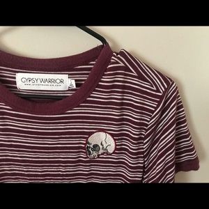 maroon and white striped shirt